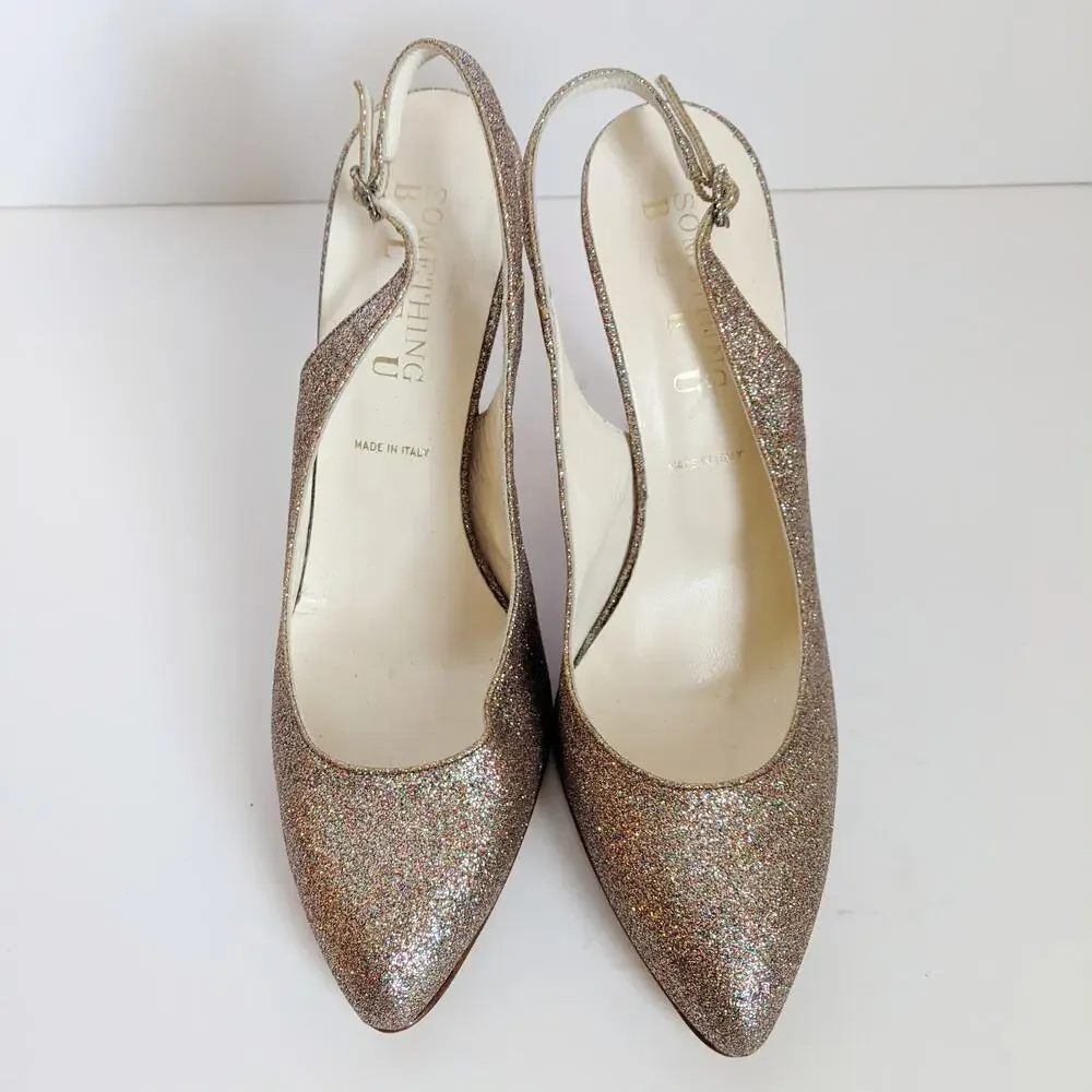 Something Bleu Gold Glitter Slingback Bridal Heels Italy Size 9 Stilettos Glam
